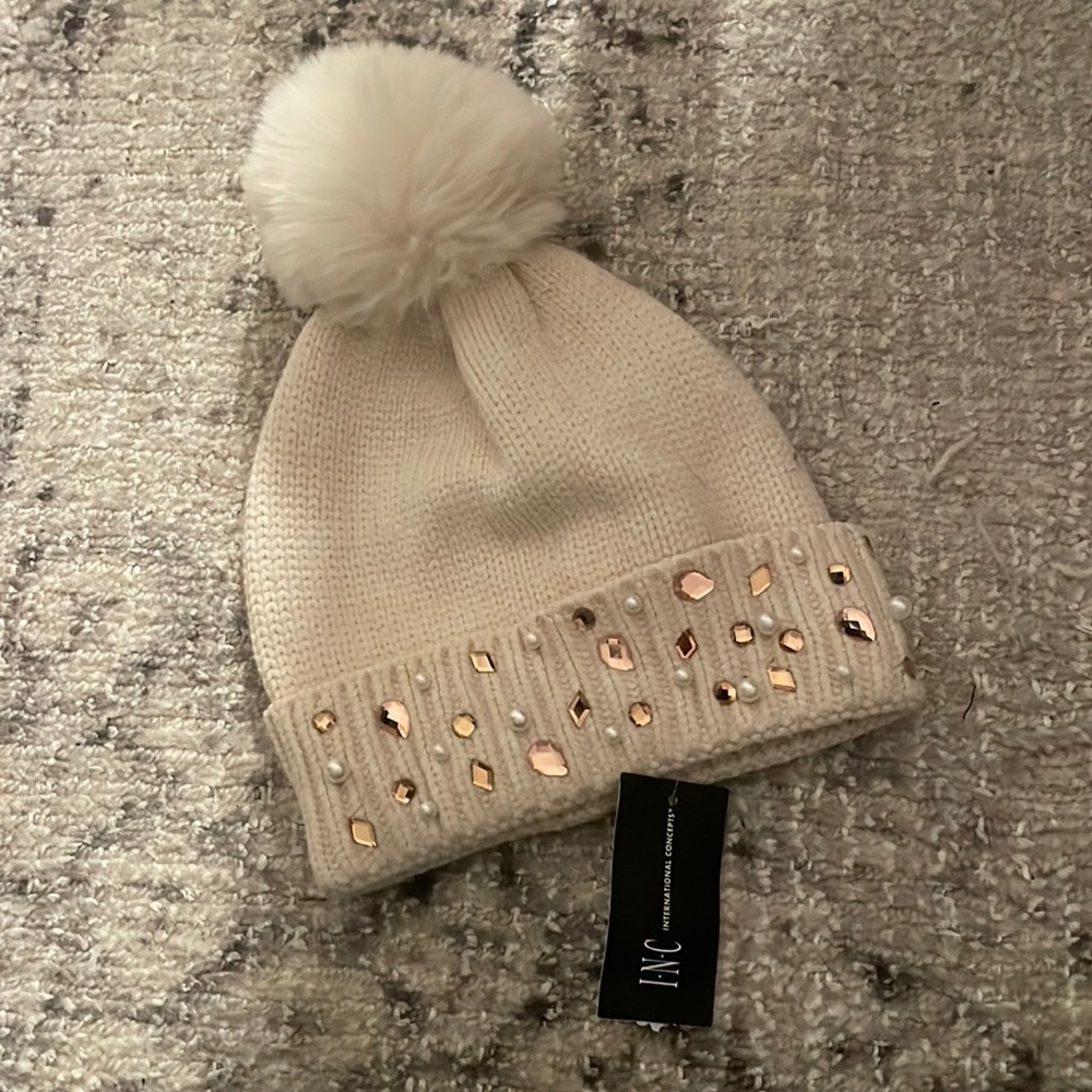 White Pom Pom Hat with jewels